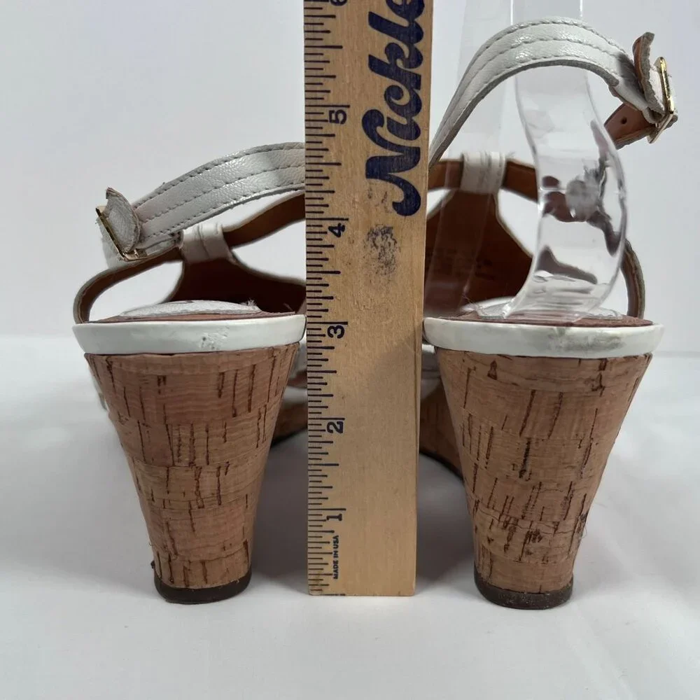 Clarks Bendables White Leather Sandals Wedge Cork‎ Heel Open Toe Womens 9